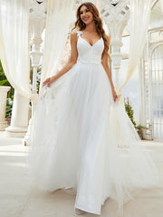 Double V Neck Lace Bodice Maxi Floor Length A-line Wedding Dress