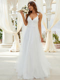 Double V Neck Lace Bodice Maxi Floor Length A-line Wedding Dress