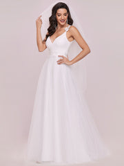 Double V Neck Lace Bodice Maxi Floor Length A-line Wedding Dress