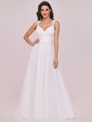 Double V Neck Lace Bodice Maxi Floor Length A-line Wedding Dress