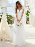 Cap Sleeve Lace V-Neck Floor Length Gown A-line Wedding Dress