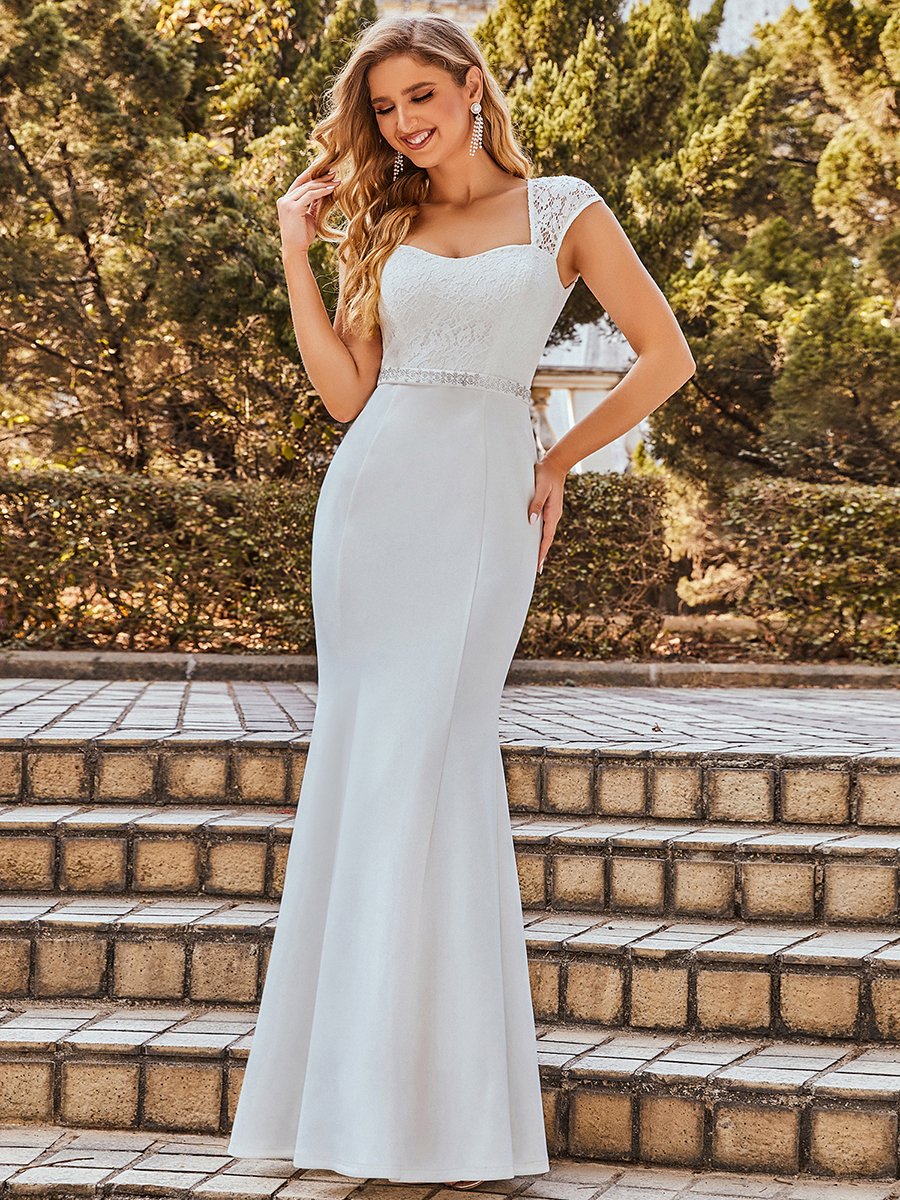 Long Halter Lace Cap Sleeves Sleek Satin Mermaid Wedding Dress #OPH1288  $224.9 
