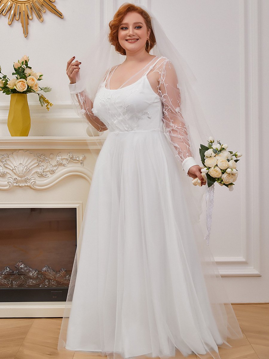Plus Size Floor Length Gown Simple Tulle Wedding Dress with Long Sleeves