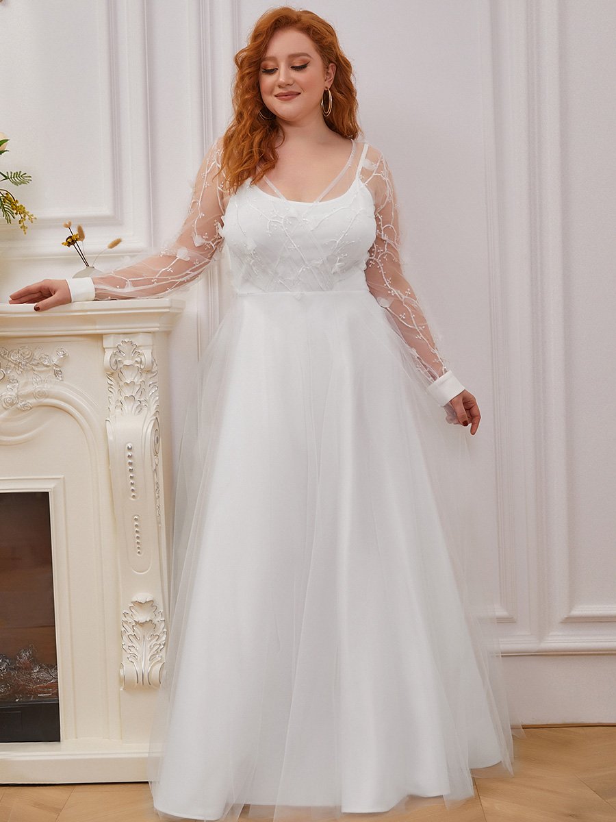 Plus Size Floor Length Gown Simple Tulle Wedding Dress with Long Sleeves