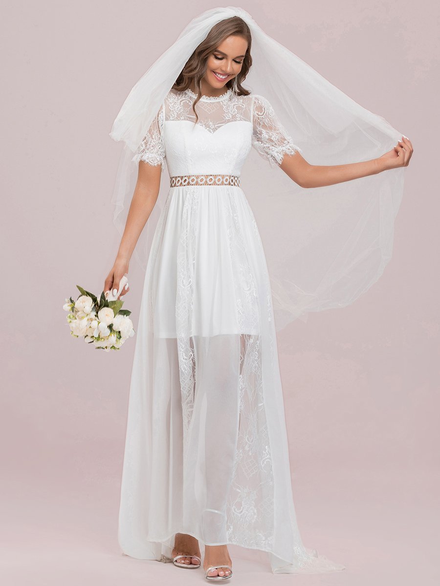 A Line Short Puff Sleeves See Through Lace Wedding Dresses