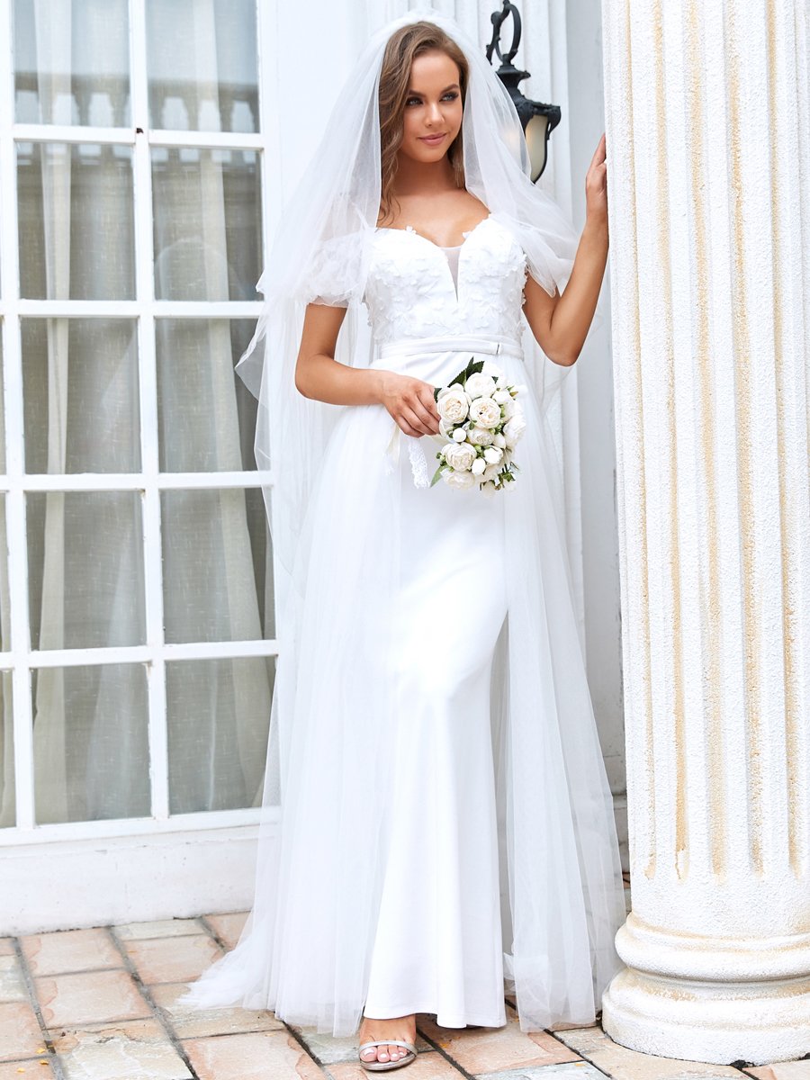 Fishtail Silhouette Unique Tulle Gown Wedding Dresses with Appliques