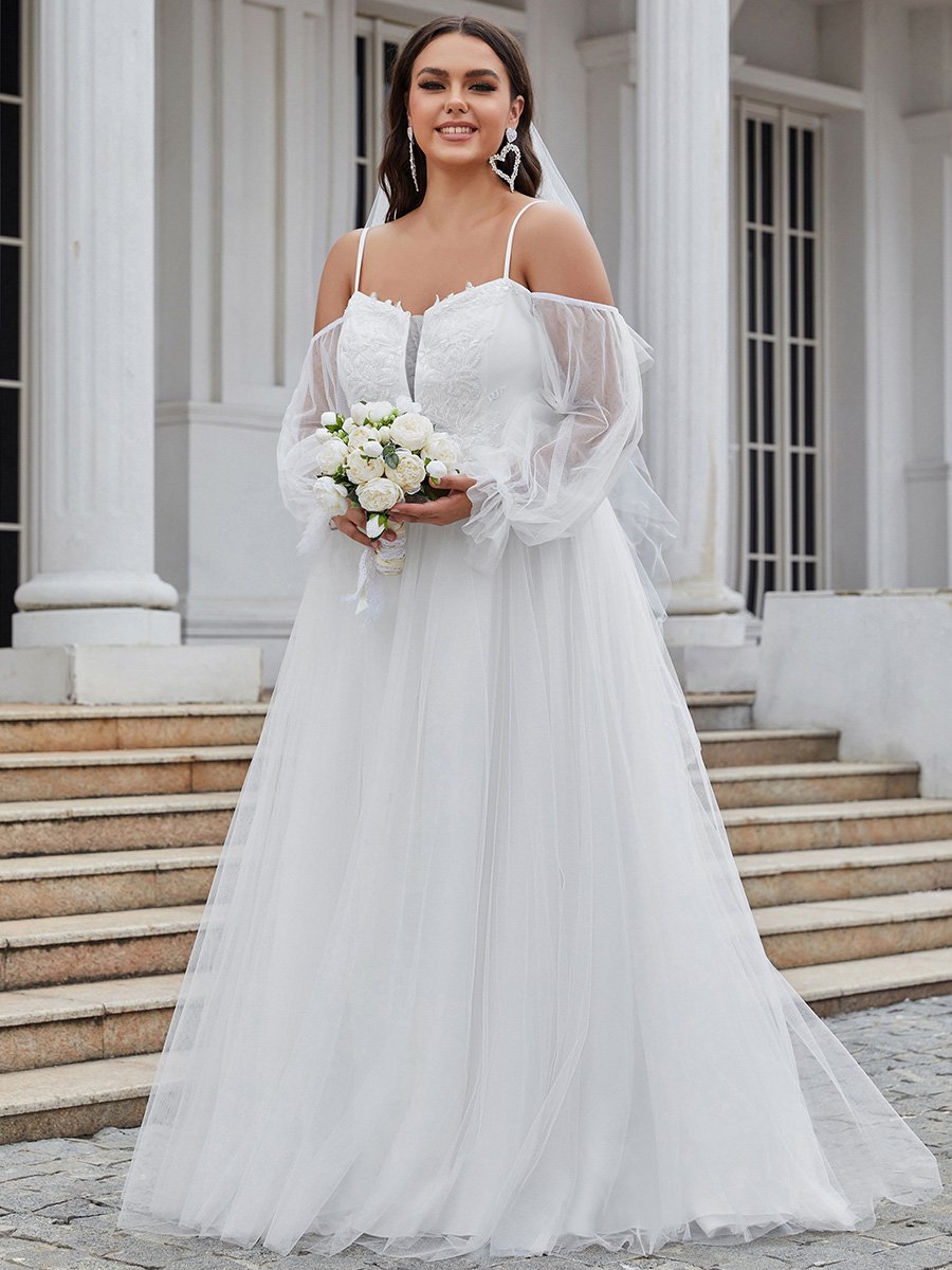 See Through Lantern Sleeves A Line Plus Size Gown Wedding Dresses
