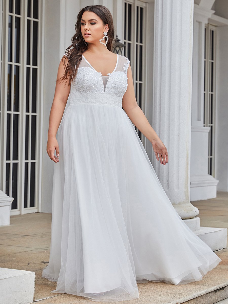 Sleeveless Deep V Neck Floor Length Gown Plus Sizes Wedding Dresses