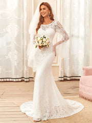 Round Neck Long Pagoda Sleeves Lace Wedding Dresses