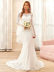 Round Neck Long Pagoda Sleeves Lace Wedding Dresses