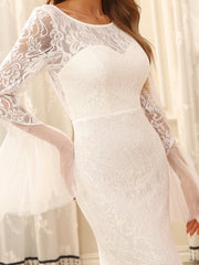 Round Neck Long Pagoda Sleeves Lace Wedding Dresses