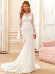 Round Neck Long Pagoda Sleeves Lace Wedding Dresses