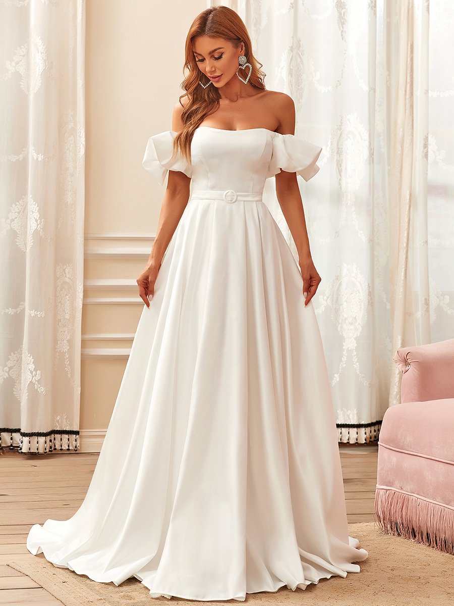 Short Puff Sleeves A Line Floor Length Off Shoulder Wedding Dresses
