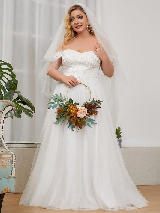 A-Line Off Shoulder Floor Length Plus Size Gown Wedding Dresses