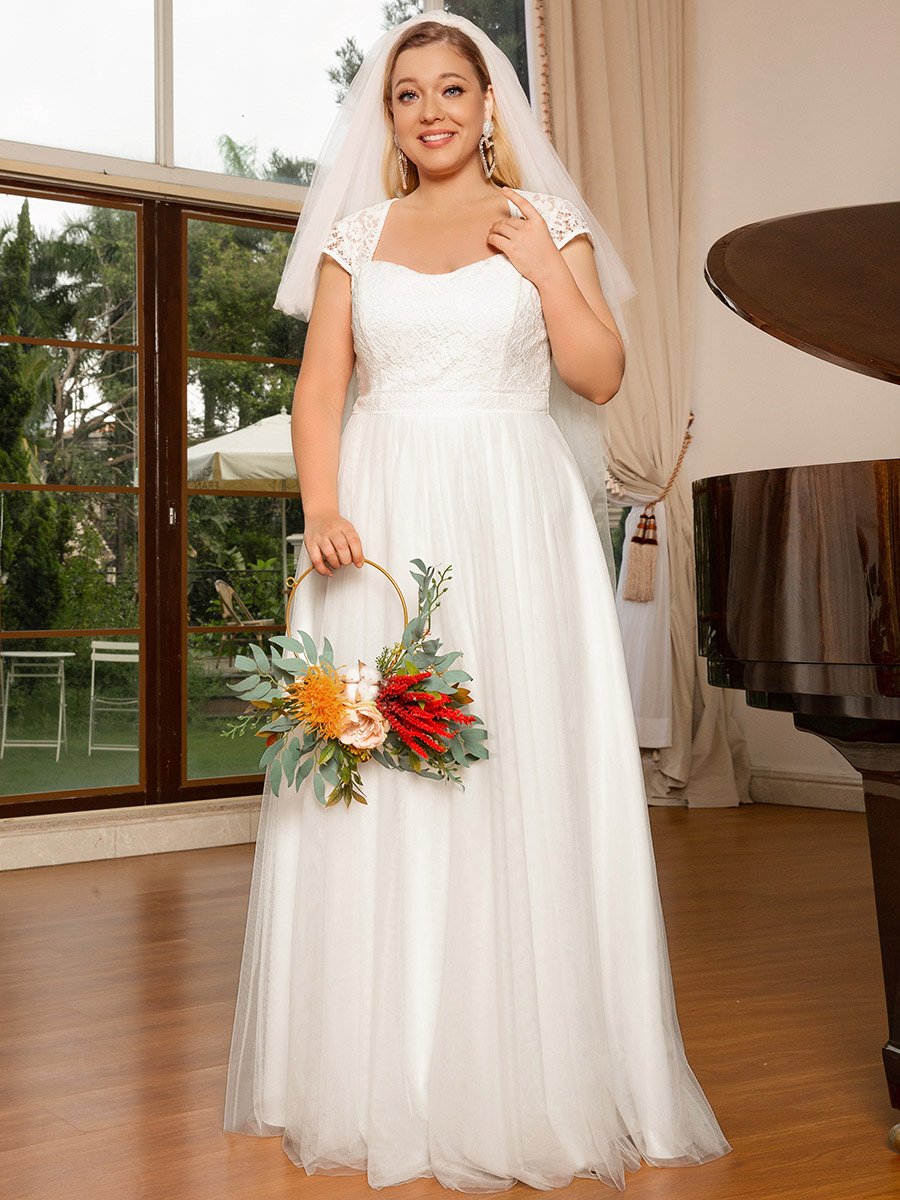 Square Neckline A-line Cover Sleeves Plus Sizes Gown Wedding Dresses