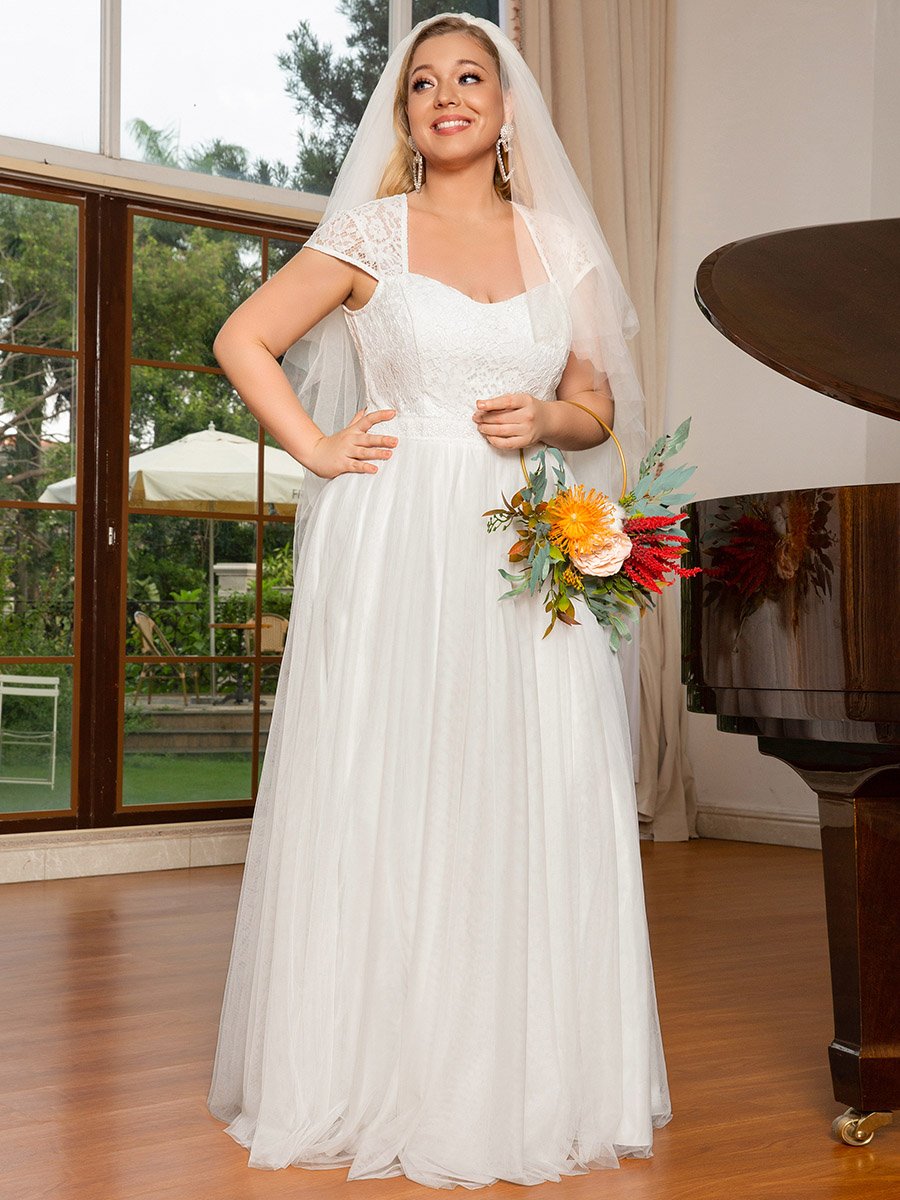 Square Neckline A-line Cover Sleeves Plus Sizes Gown Wedding Dresses
