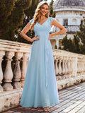 Cute V Neck Floor Length Gown Bridesmaid Dress with Ruffles Split Side