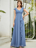 Cute V Neck Floor Length Gown Bridesmaid Dress with Ruffles Split Side