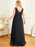 Ladies' Plus Sizes Chiffon V-neck Sleeveless Evening Dresses High-Low Maxi Long Gown with Sequin