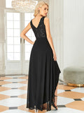 Elegant Paillette & Chiffon V-neck Sleeveless Evening Dresses High-Low Maxi Long Gown with Sequin