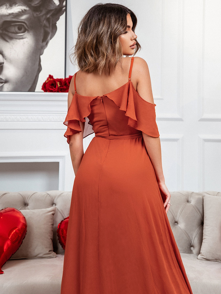 Dainty Chiffon Bridesmaid Dresses with Ruffles Sleeves with Side Slit