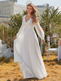 Women's Long-Sleeved Chiffon Floor Length Wedding Dress with Appliques