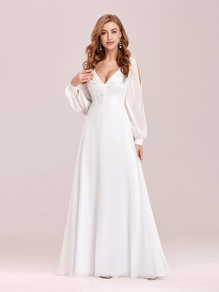Gorgeous Deep V Necked Appliqued Gown Chiffon Wedding Dress
