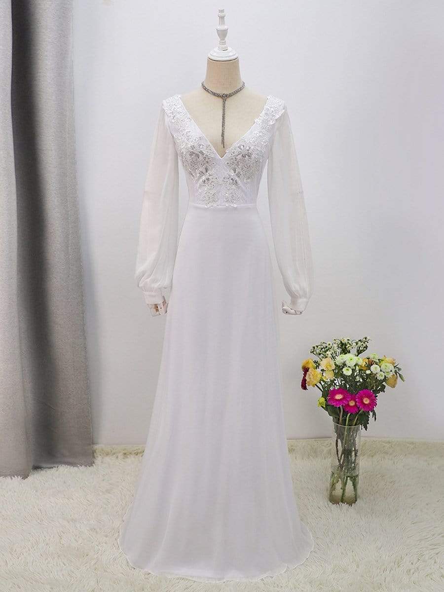 Women's Long-Sleeved Chiffon Floor Length Wedding Dress with Appliques