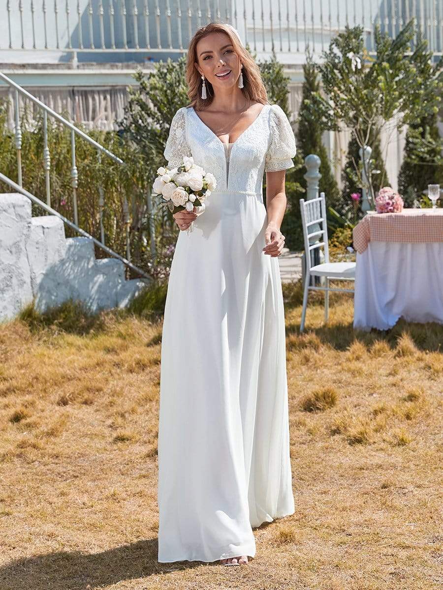 Plain Lace & Chiffon Embroidery Wedding Dress with Puff Sleeves