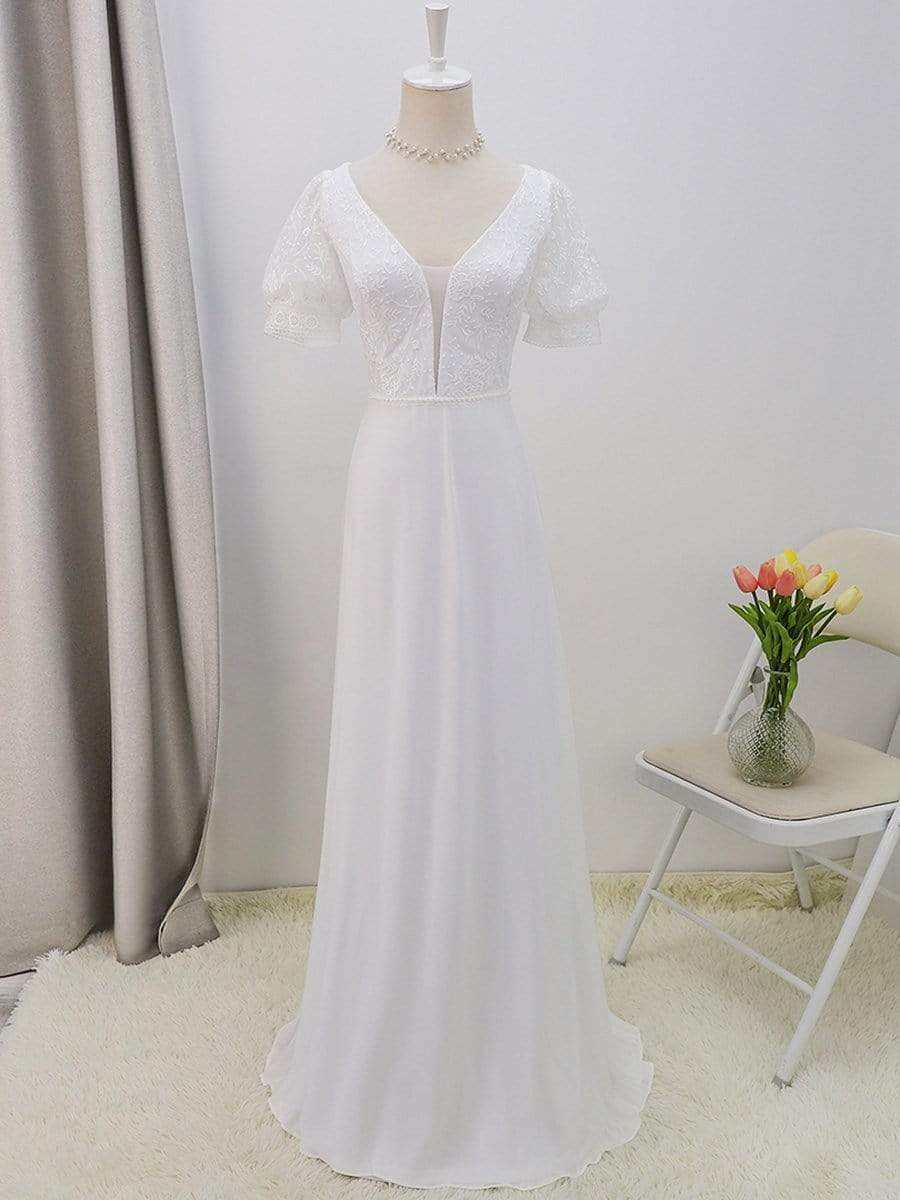 Plain Lace & Chiffon Embroidery Wedding Dress with Puff Sleeves