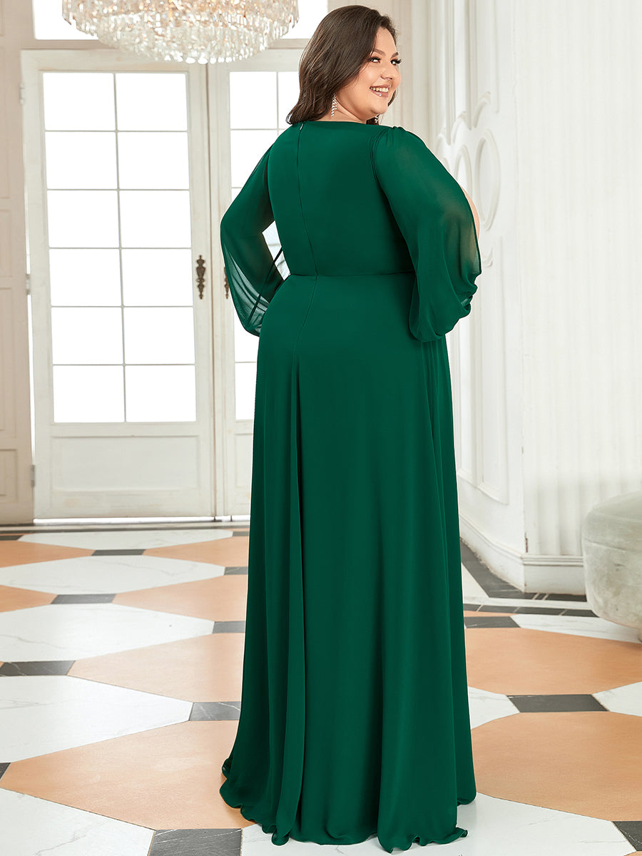 Chiffon Plus Size Evening Dresses with Long Lantern Sleeves V Necked Full Length
