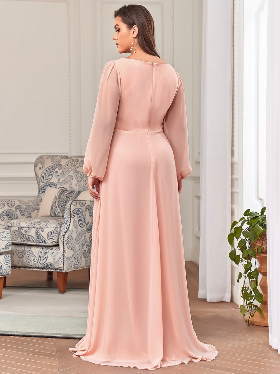 Chiffon Plus Size Evening Dresses with Long Lantern Sleeves V Necked Full Length
