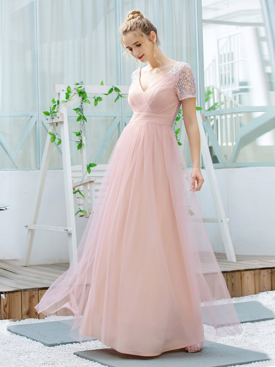 Women's Sweet V Neck A-Line Tulle Gown Bridesmaid Dress with Sequins
