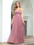 Sexy Floor Length Deep V-neck A-line Tulle Backless Evening Dresses Multi Colors