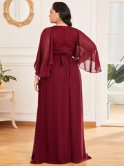 Plus Size Floor Length Gown Deep V Neck Evening Dress with Lace