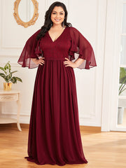 Plus Size Floor Length Gown Deep V Neck Evening Dress with Lace