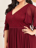 Plus Size Floor Length Gown Deep V Neck Evening Dress with Lace