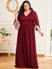 Plus Size Floor Length Gown Deep V Neck Evening Dress with Lace