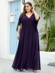 Plus Size Floor Length Gown Deep V Neck Evening Dress with Lace