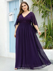 Plus Size Floor Length Gown Deep V Neck Evening Dress with Lace