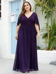 Plus Size Floor Length Gown Deep V Neck Evening Dress with Lace