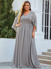 Plus Size Floor Length Gown Deep V Neck Evening Dress with Lace