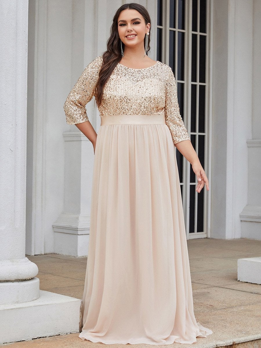 Plus Size Round Neckline 3/4 Sleeve Sequins Patchwork Long Tulle Evening Dress for Mother of the Bride