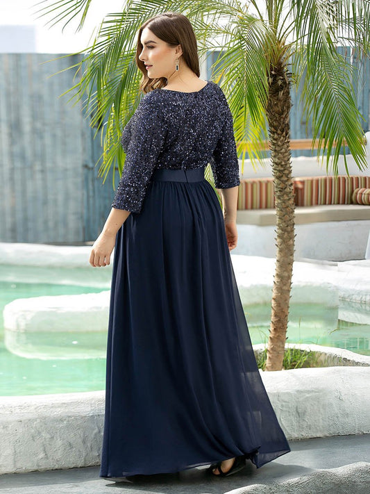 Plus Size Round Neckline 3/4 Sleeve Sequins Patchwork Long Tulle Evening Dress for Mother of the Bride