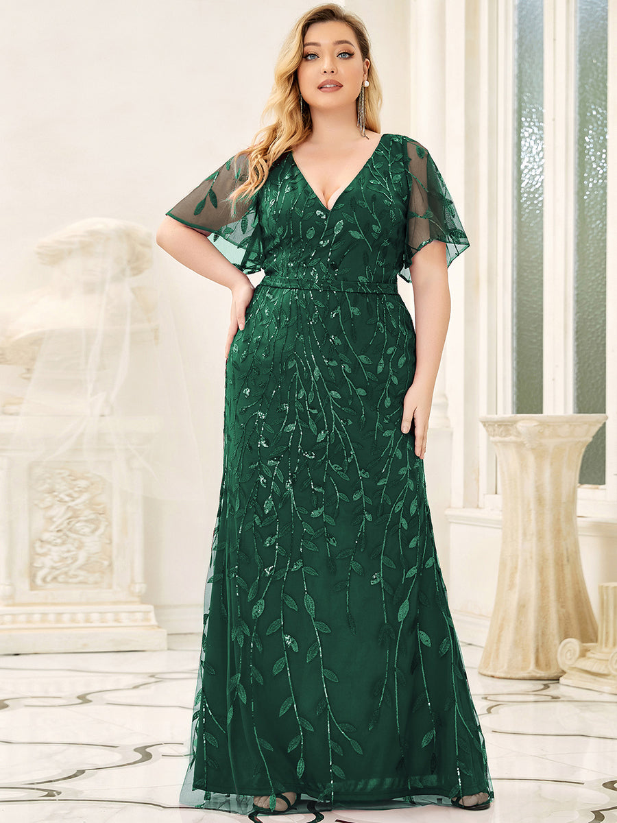 Women Plus Sizes Dresses V Necked Leaf-Sequined Puffy Sleeves Fishtail Party Dress Mermaid Dress Floor Length