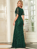 Ladies Gorgeous V Necked Leaf-Sequined Puffy Sleeves Fishtail Party Dress Mermaid Dress Floor Length