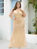 Women Plus Sizes Dresses V Necked Leaf-Sequined Puffy Sleeves Fishtail Party Dress Mermaid Dress Floor Length