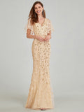 Ladies Gorgeous V Necked Leaf-Sequined Puffy Sleeves Fishtail Party Dress Mermaid Dress Floor Length