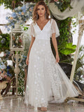 Women's V-Neckline Tulle Sleeves Lace Appliqued Gown Wedding Dress