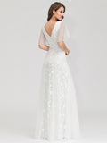 Women's V-Neckline Tulle Sleeves Lace Appliqued Gown Wedding Dress